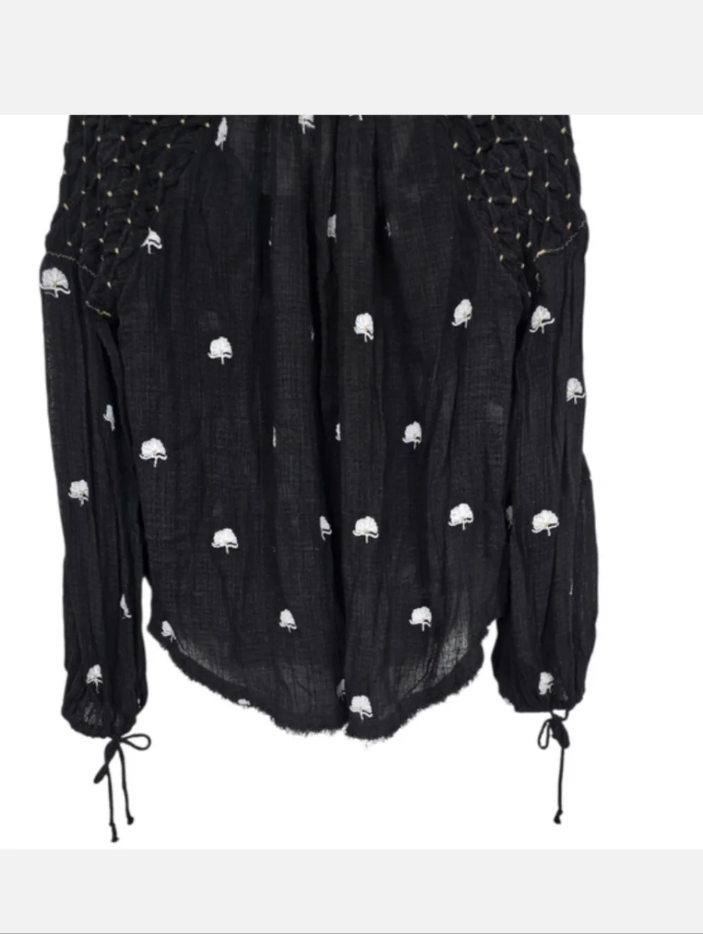 Free People Gauzy Floral Embroidered Peasant Blouse Henley Neck Black White XS